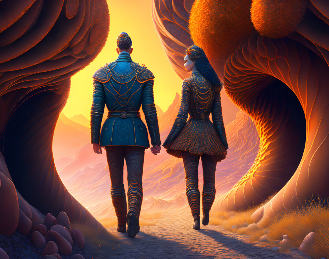 Ornate armor figures walking in fantastical orange landscape