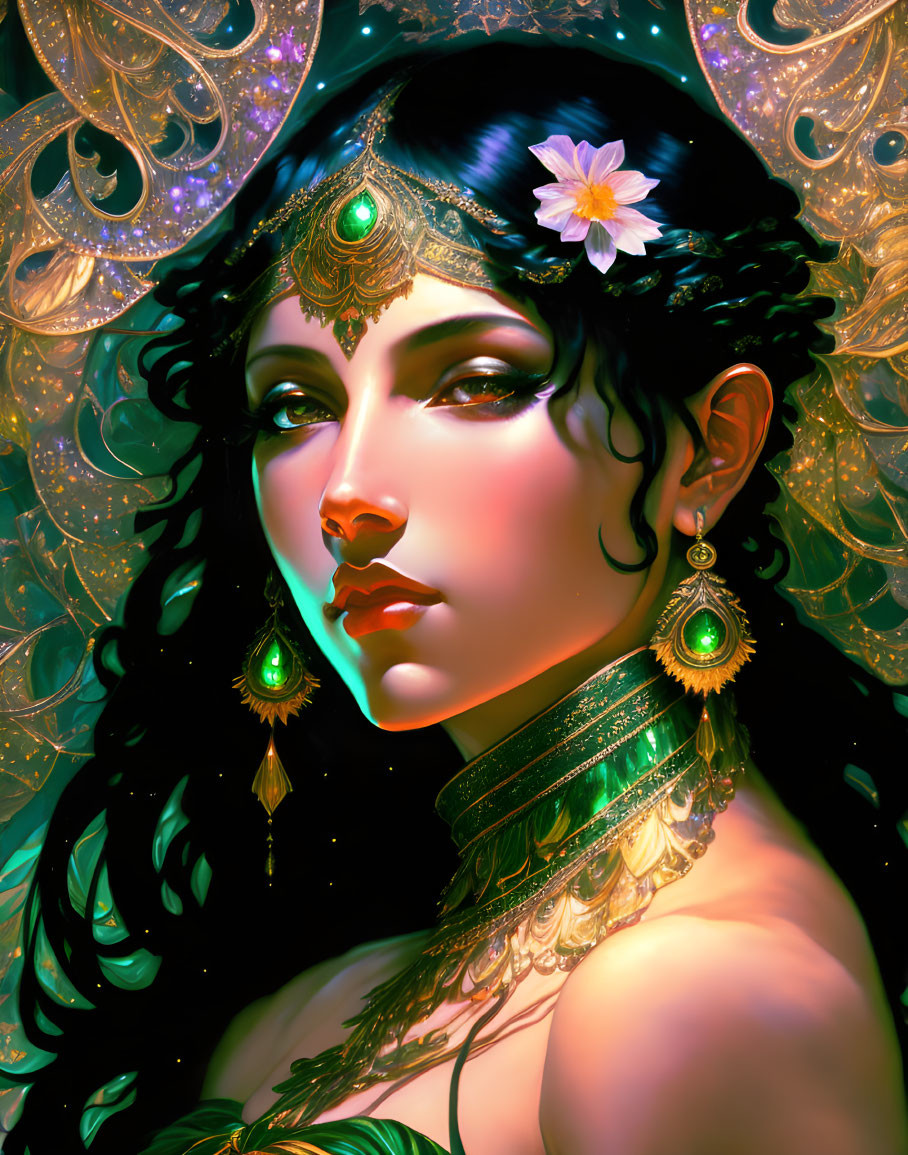 Stylized portrait of woman with golden jewelry and fantasy-themed background