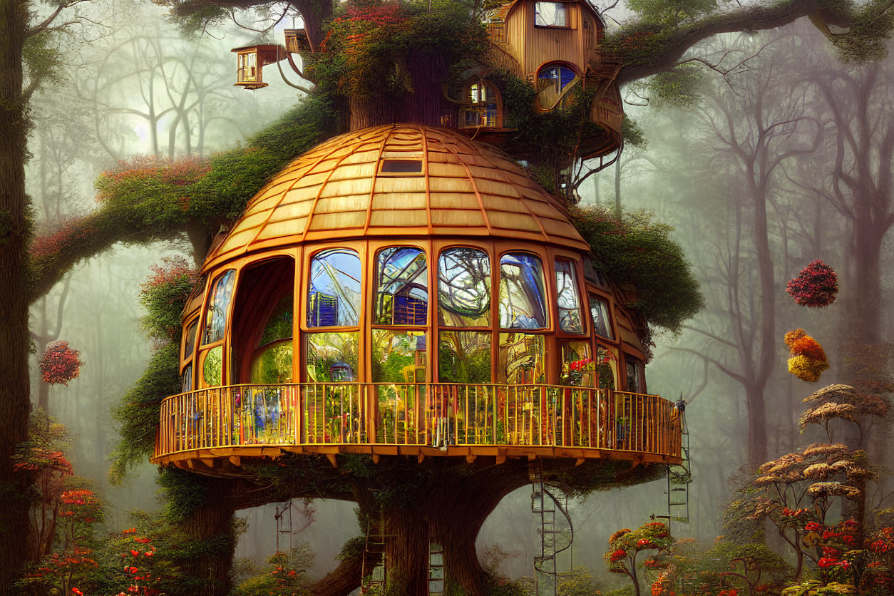 Enchanted treehouse in foggy woods with glass windows