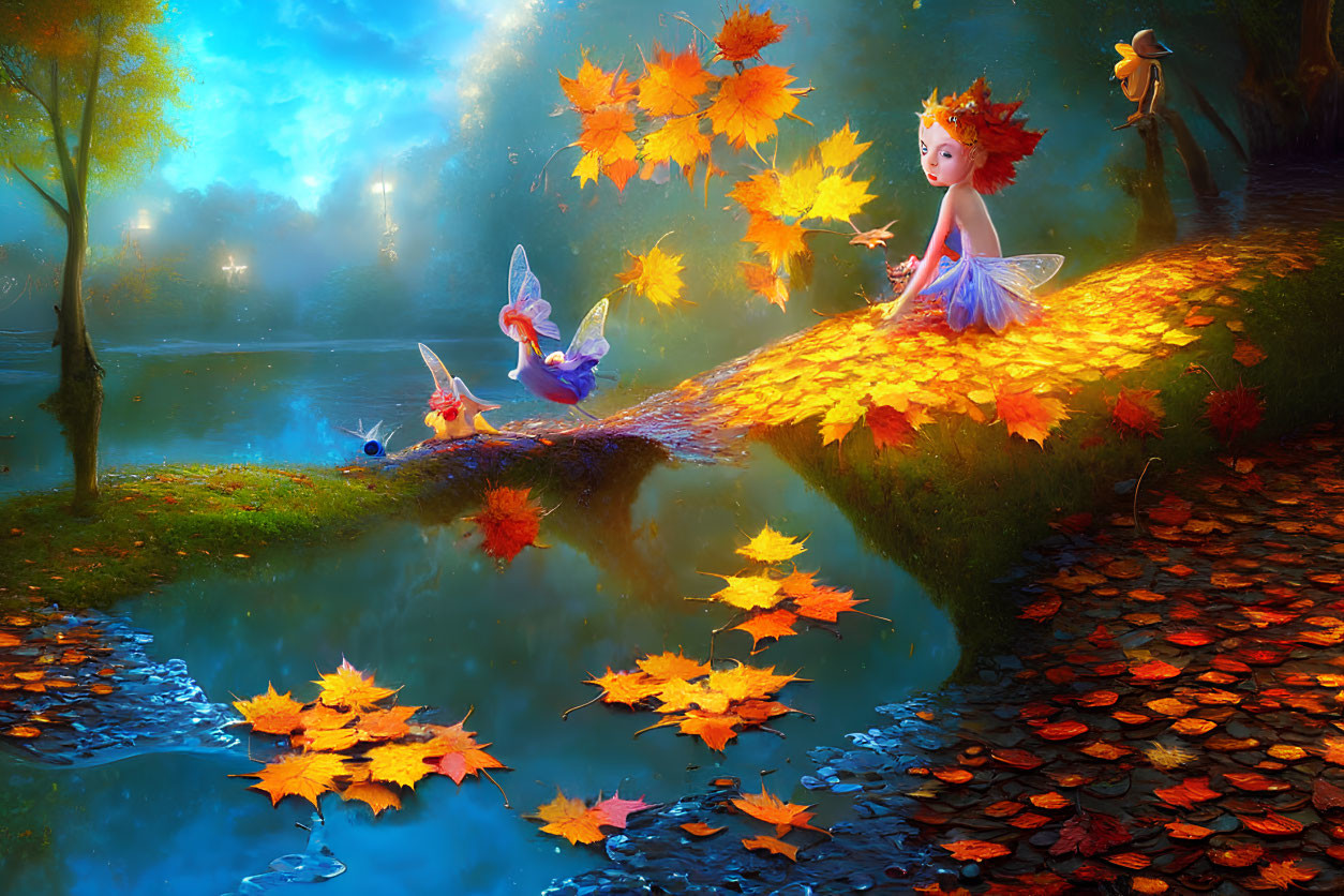 Fantasy scene: Fairies with translucent wings on autumn path by serene pond