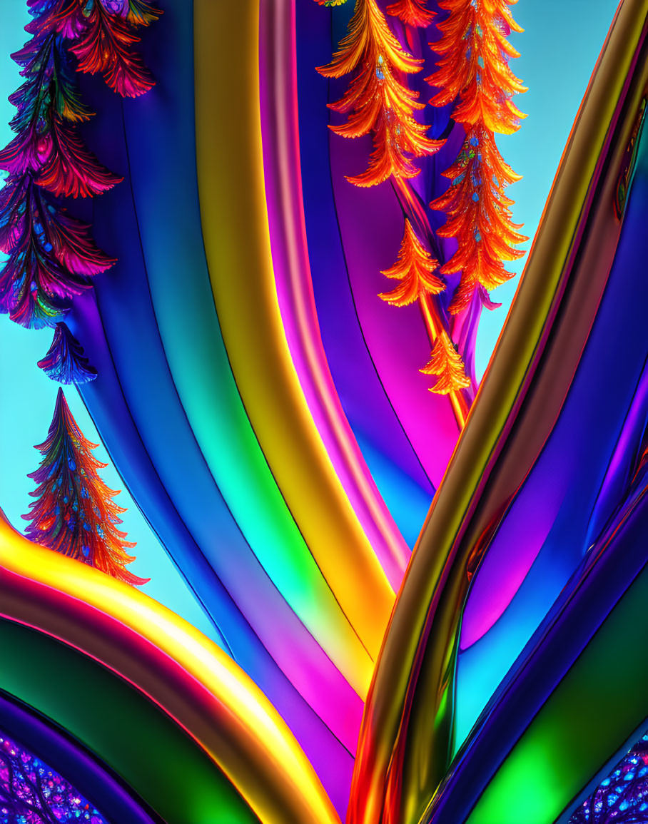 Colorful Abstract Background with Rainbow Wavy Lines and Neon Trees