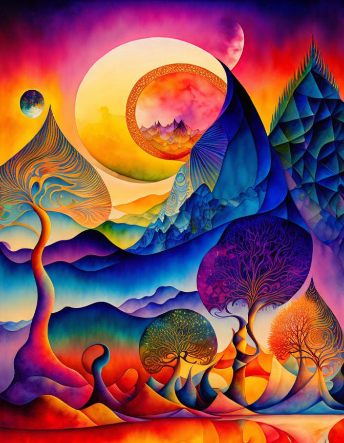 Colorful surreal landscape with stylized trees and celestial bodies