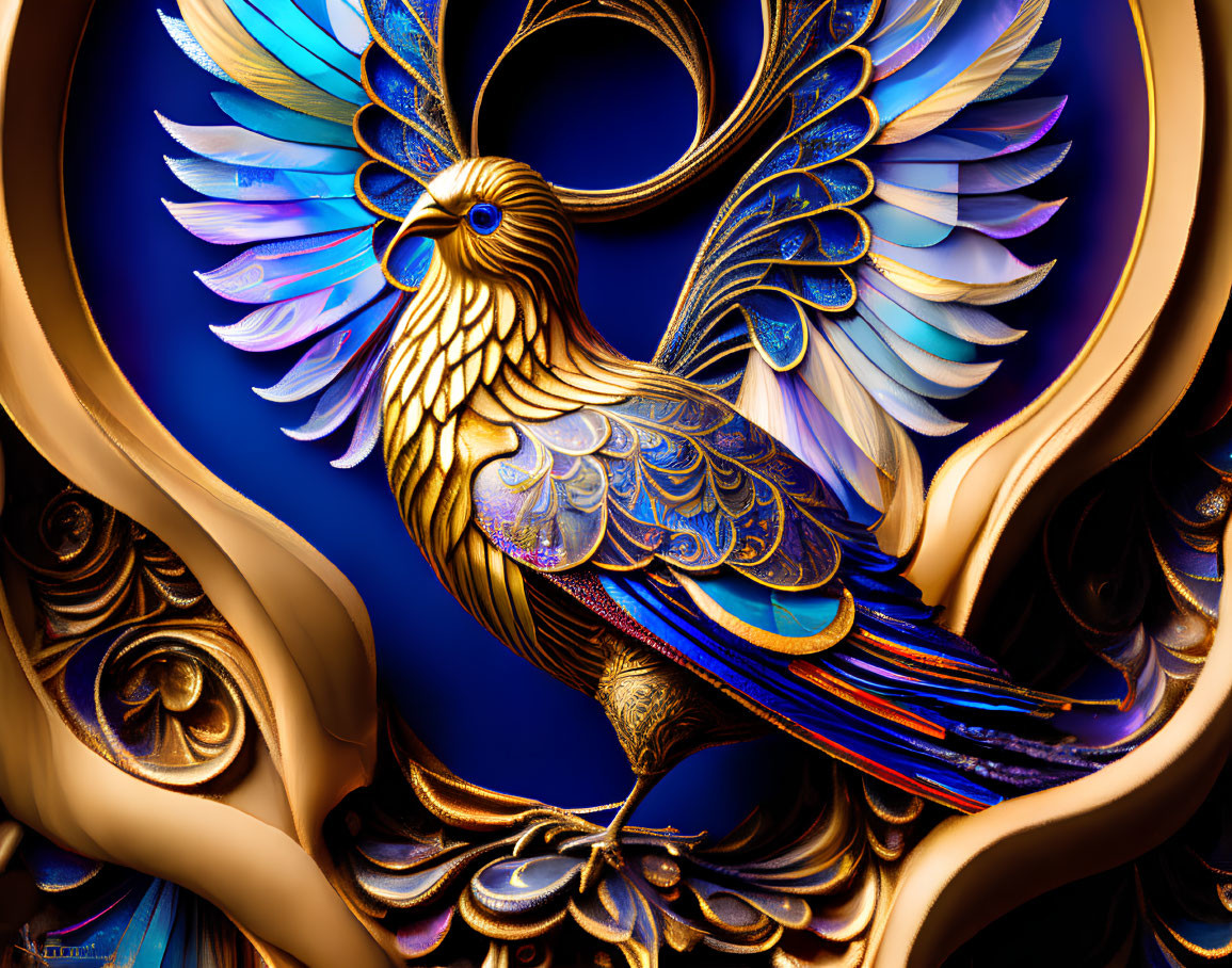 Stylized bird digital artwork with blue and gold plumage on ornate background