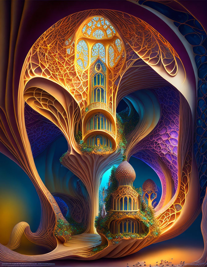 Intricate glowing tree-like structure in warm hues against blue and purple.