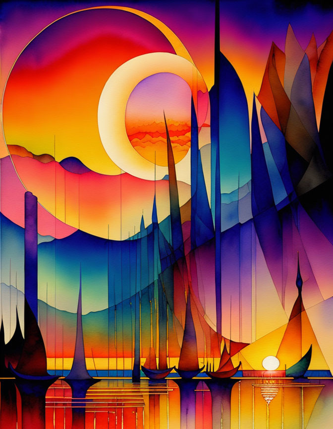 Vibrant abstract landscape with silhouetted spires and sun/moon in warm hues