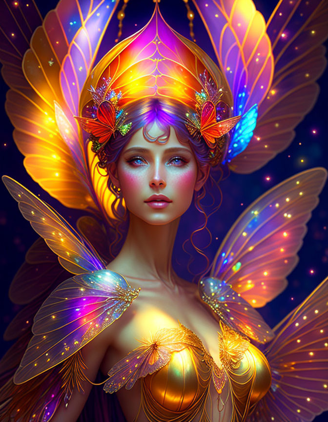 Digital Artwork: Woman with Butterfly Wings & Ornate Headdress