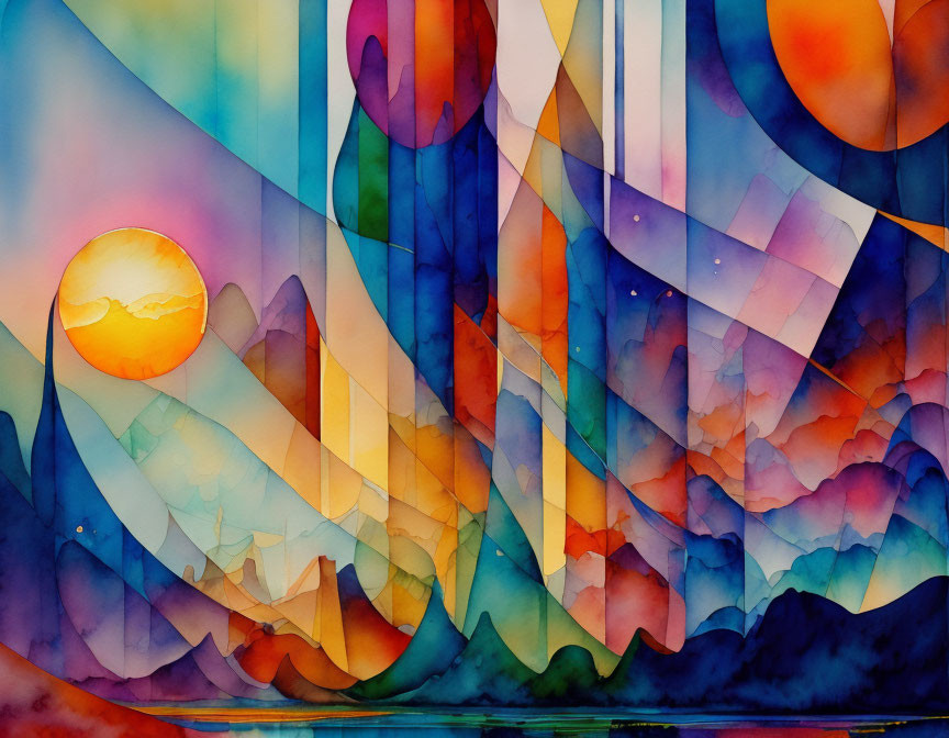 Colorful Abstract Watercolor Painting with Geometric Shapes and Nature Elements