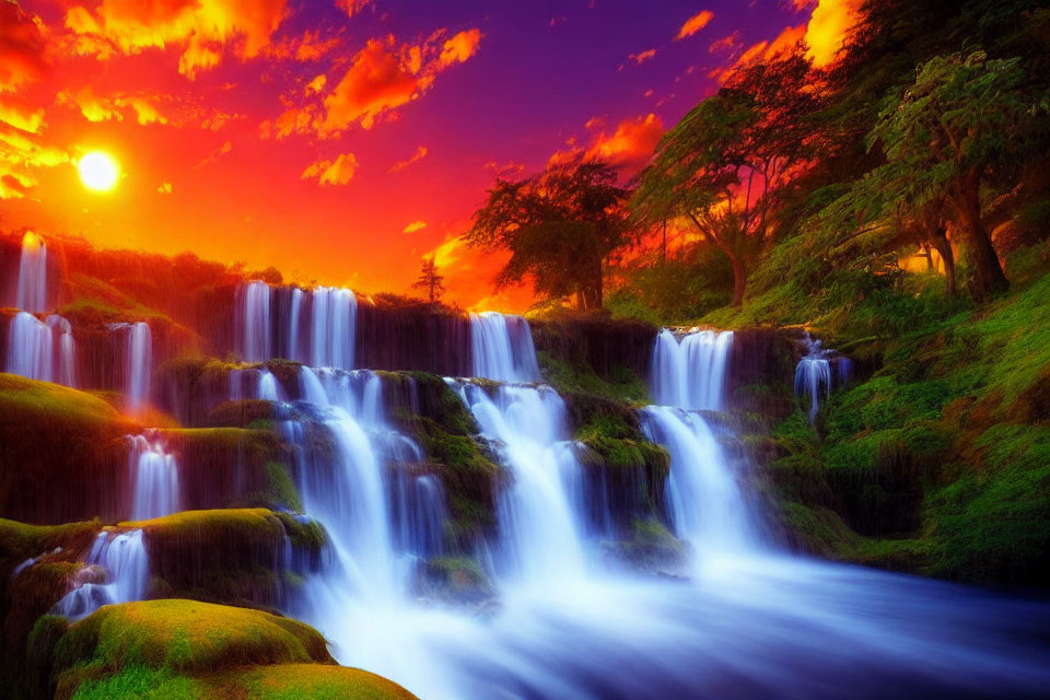 Scenic sunset with orange and purple clouds over cascading waterfalls