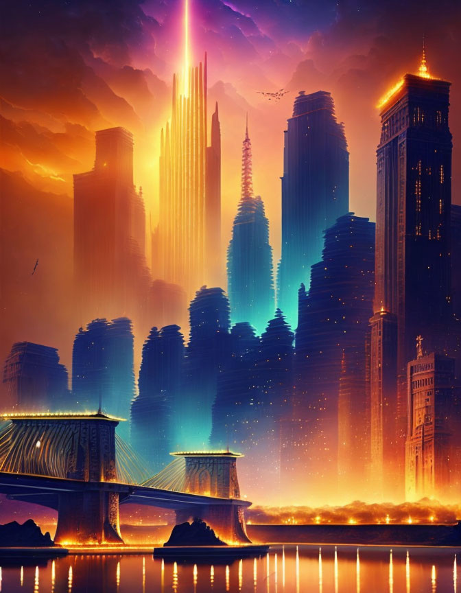 Futuristic cityscape with skyscrapers, bridge, and glowing sunset sky