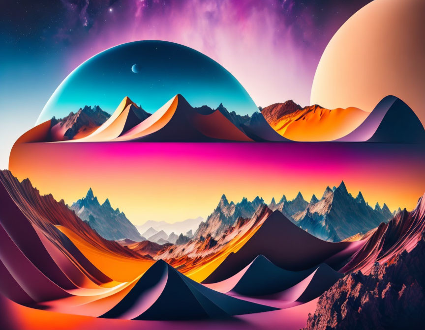 Vibrant surreal landscape with layered mountains and multiple planets