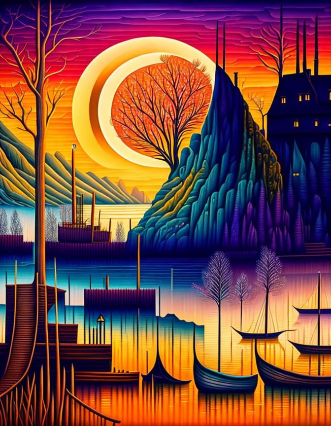 Colorful crescent moon landscape with trees, boats, and industrial buildings