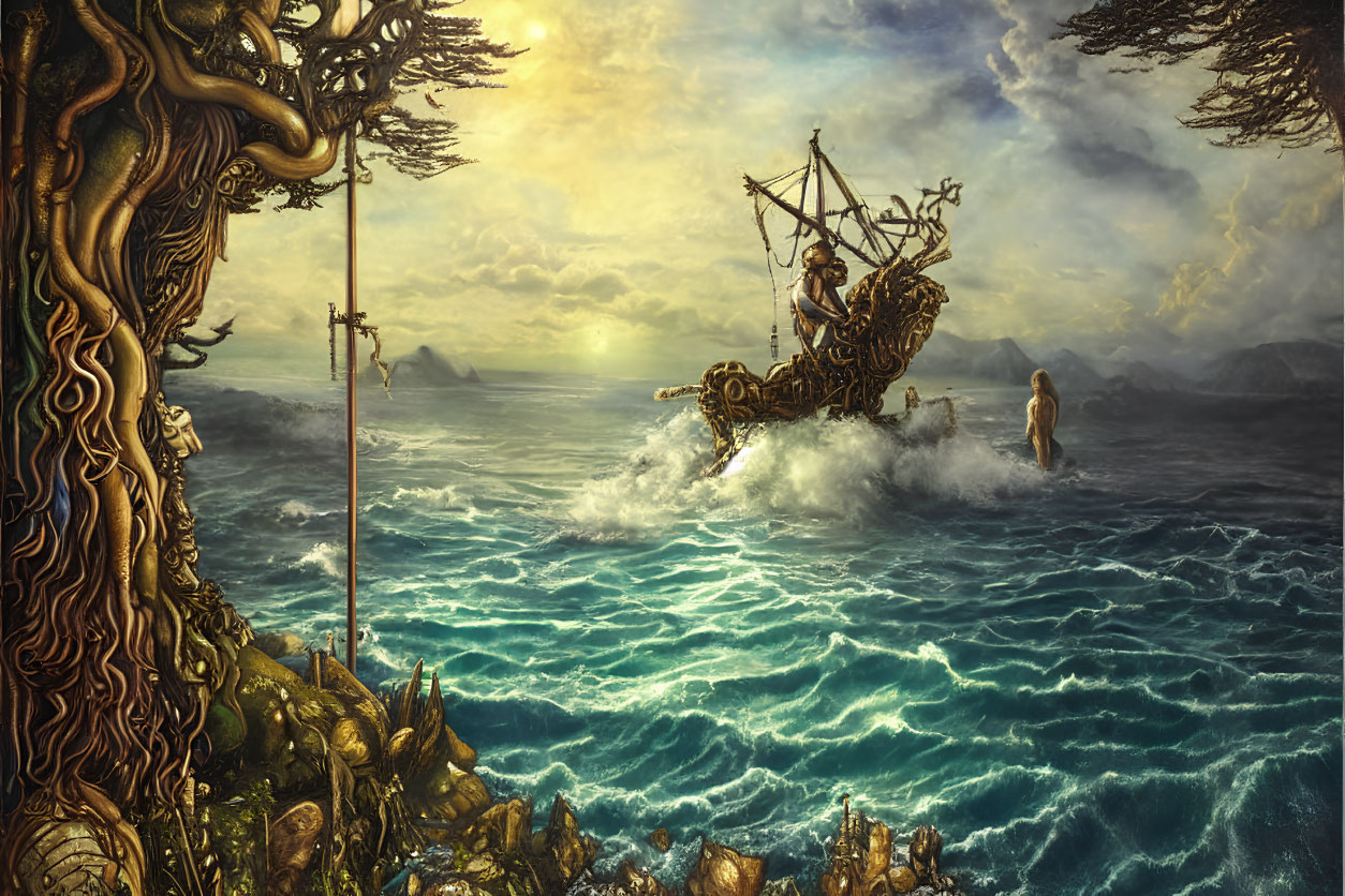 Detailed Fantasy Sea Scene with Ornate Ship, Figure on Shore, and Elaborate Trees