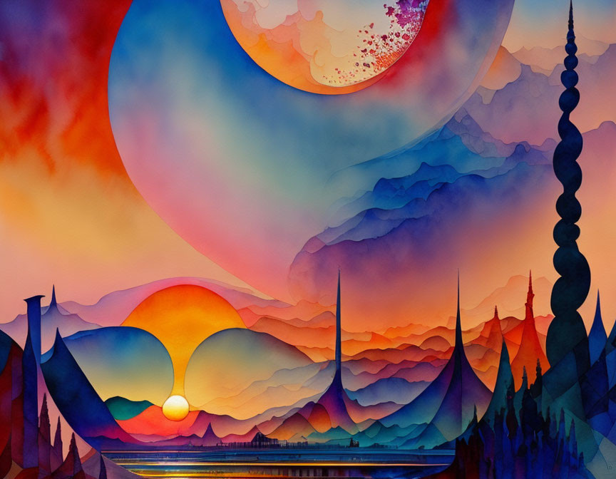 Colorful Watercolor Landscape with Layered Mountains and Celestial Bodies