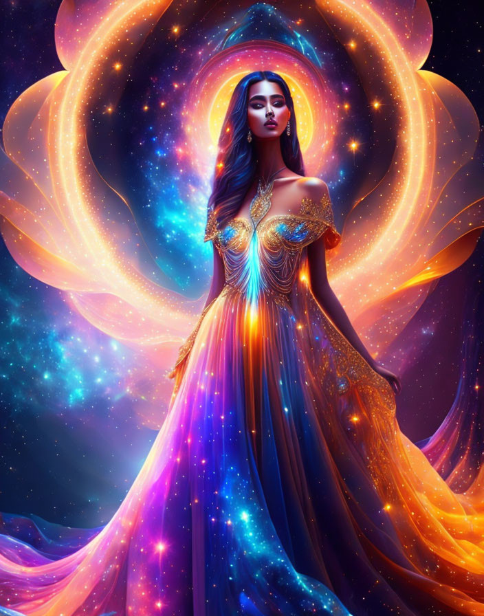 Regal woman with cosmic aura in star-filled space backdrop