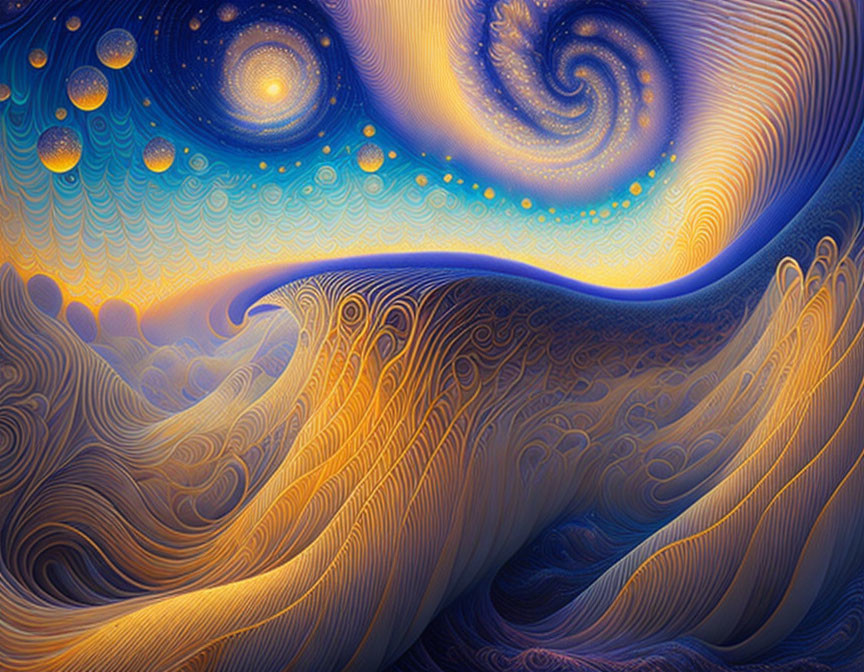 Colorful Digital Artwork with Swirling Patterns in Blue, Orange, and Gold