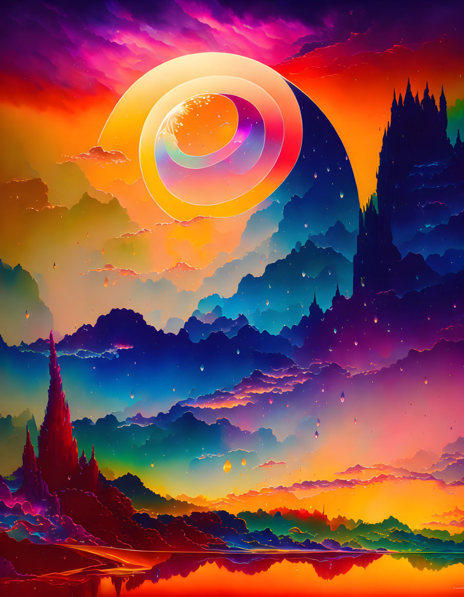 Colorful surreal sunset artwork with layered clouds and reflective water