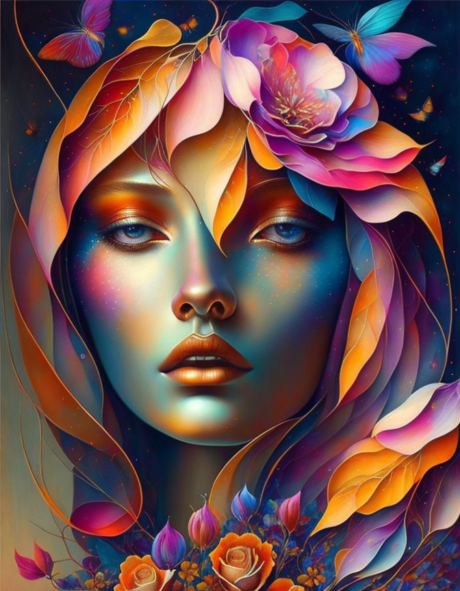 Colorful digital artwork: Woman with cosmic features and floral elements