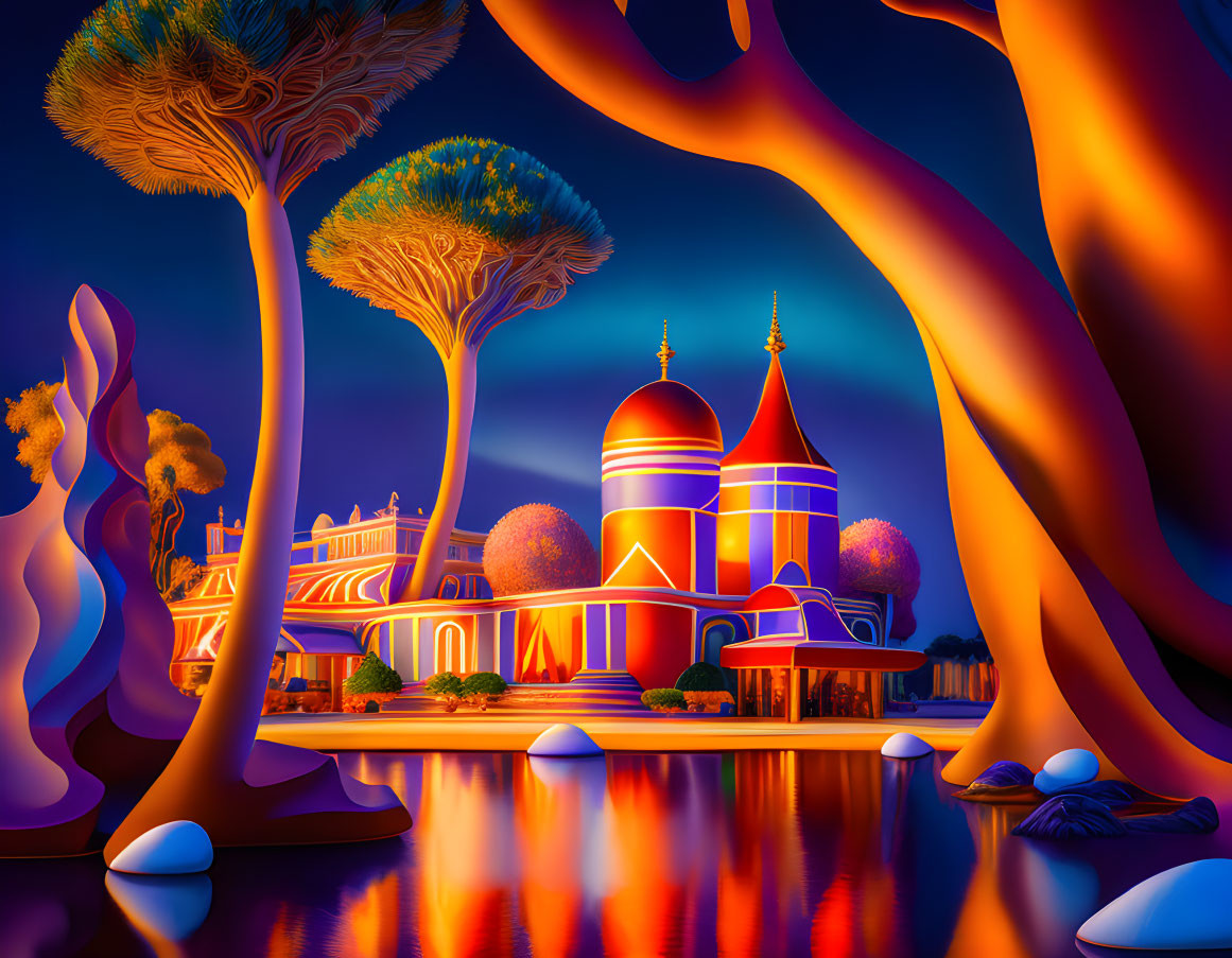 Vibrant fantasy landscape at dusk with whimsical trees and colorful palace