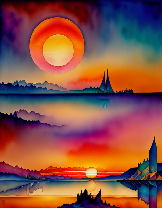 Surreal landscape painting: large sun setting over silhouette mountains, reflected in calm lake, colorful sky