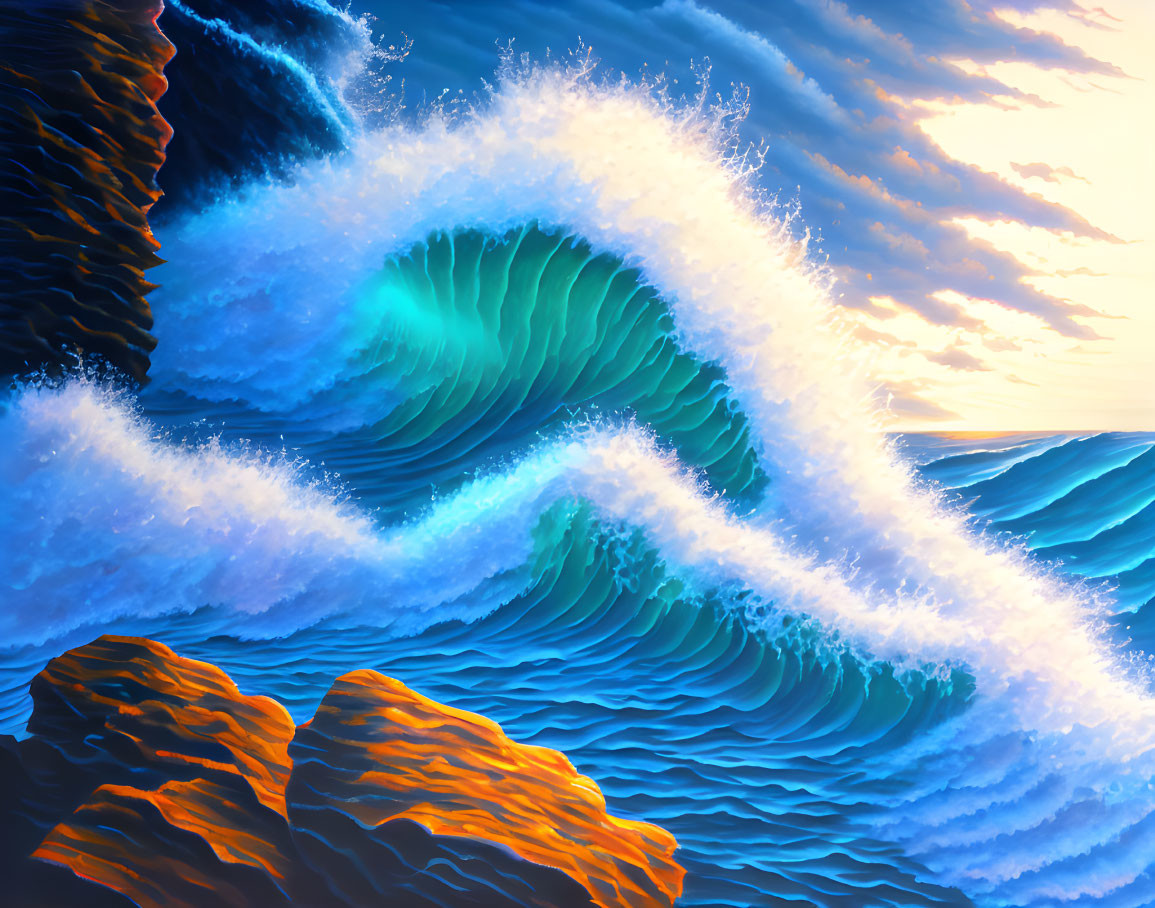 Colorful Ocean Wave Artwork with Sunlit Cliffs and Dynamic Sky