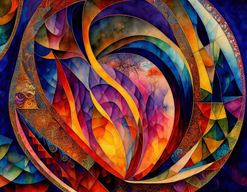 Colorful Abstract Artwork with Swirling Patterns and Mosaic-like Details