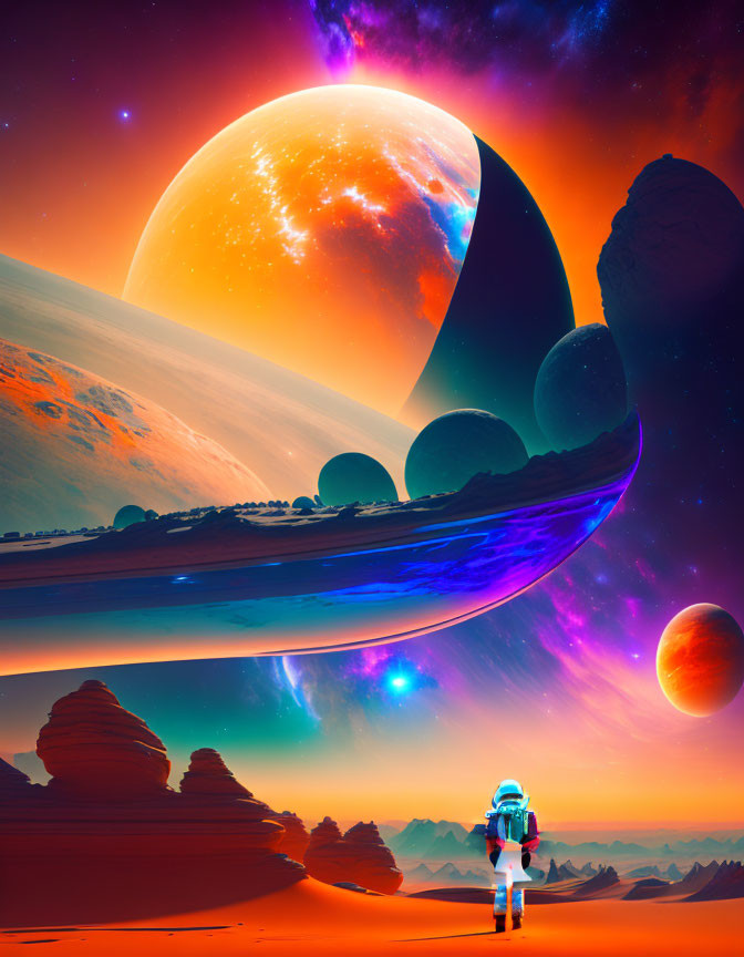 Astronaut on vibrant alien planet with rings, moons, and sun