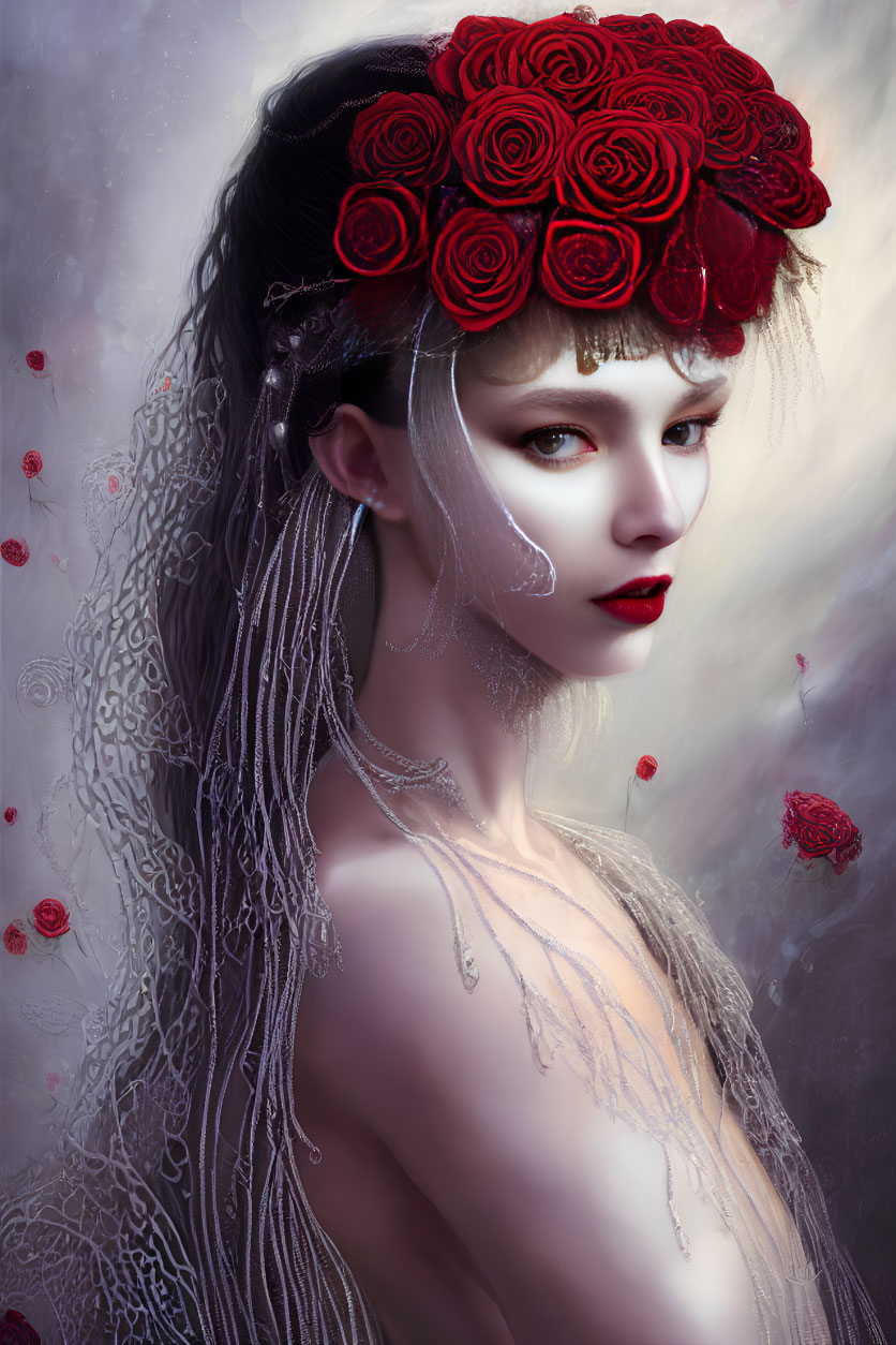 Surreal portrait of a woman with red lips and rose crown