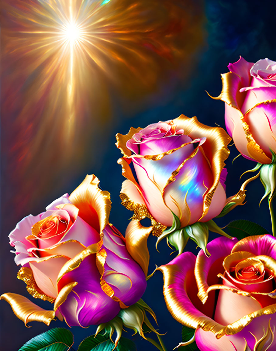 Luminescent roses in pink and golden hues on dark background