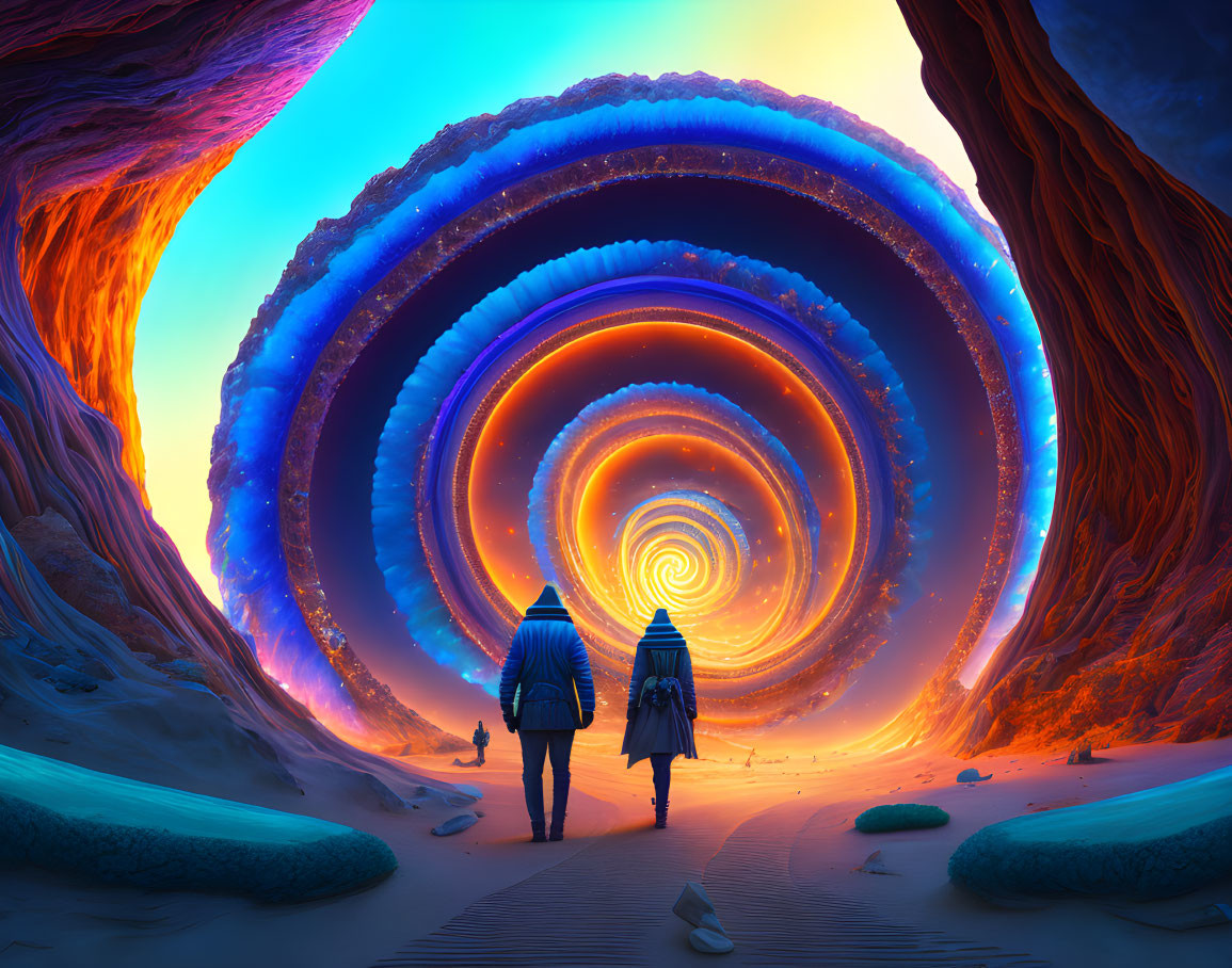 Vibrant vortex and surreal landscape with two individuals