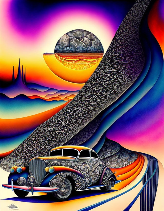 Colorful surreal artwork: Classic car on flowing road with mosaic pattern, against vibrant sky and whimsical