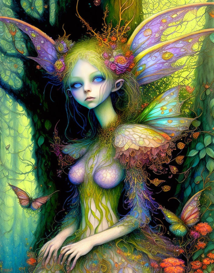 Green fairy with blue eyes in nature with butterflies