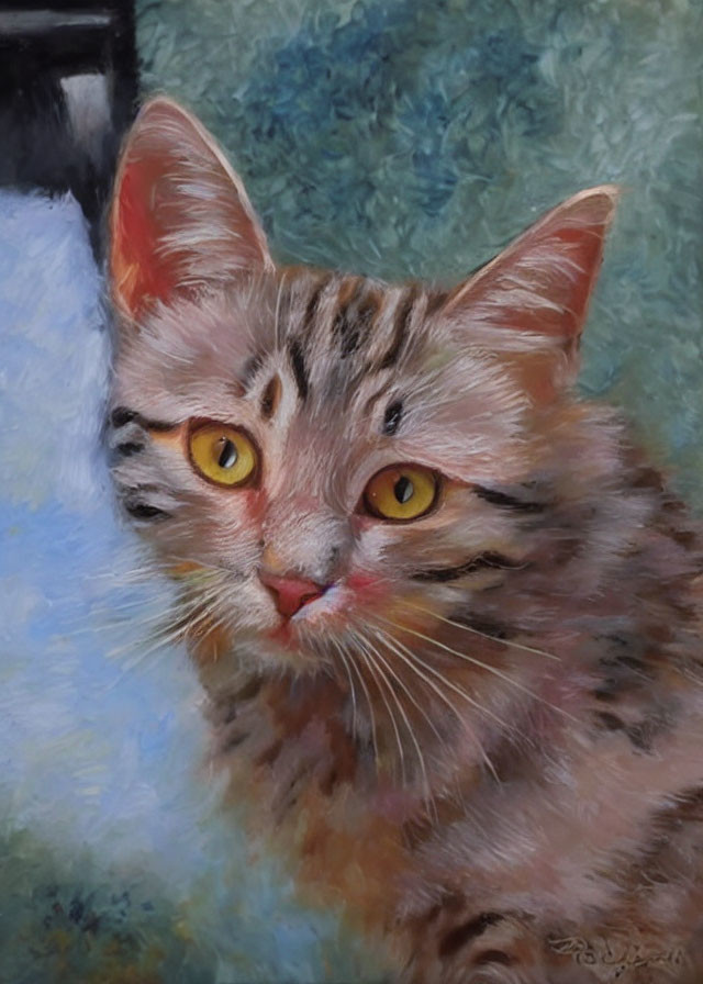 Fluffy Tabby Cat Painting with Yellow Eyes