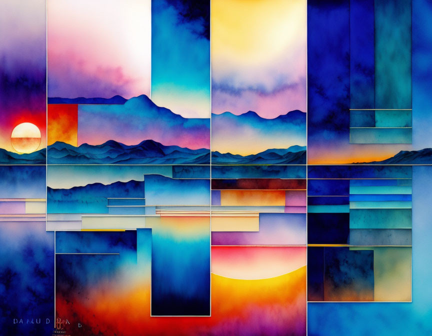 Colorful Abstract Artwork with Geometric Shapes and Sunset Landscape