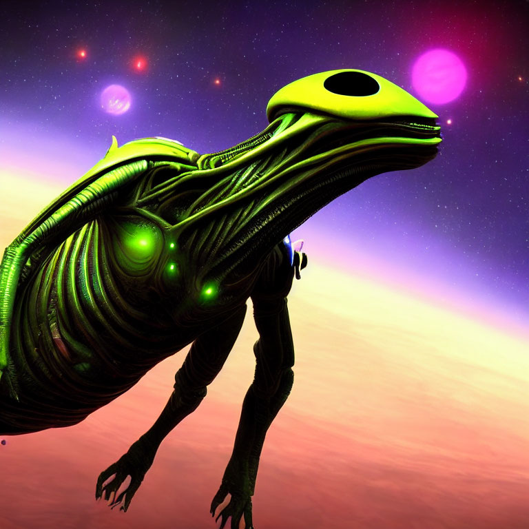 Alien creature with green luminescent markings in cosmic purple skies