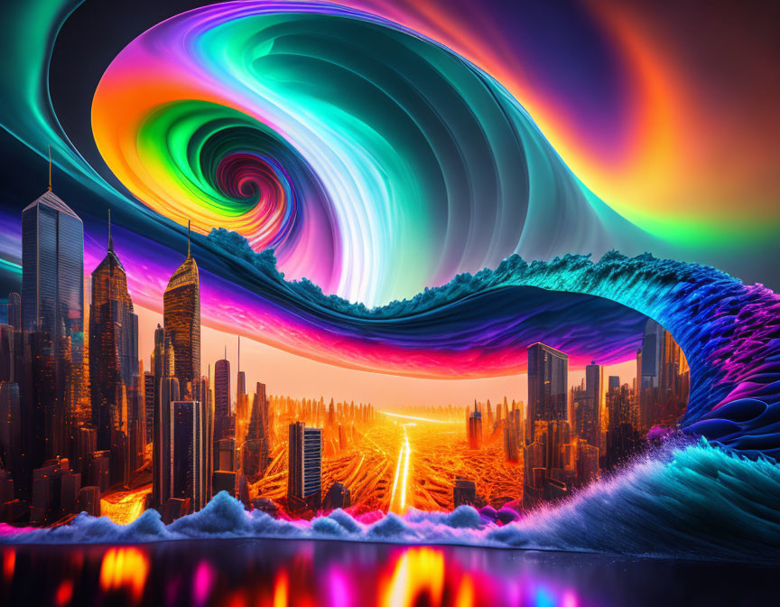 Colorful surreal cityscape with swirling sky and unique wave-like structure.