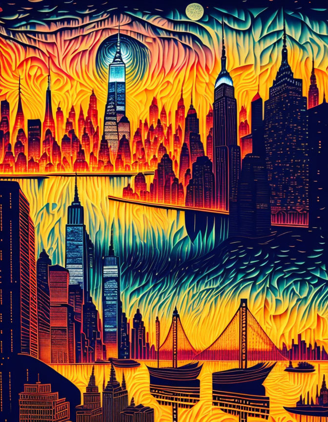 Surreal cityscape with skyscrapers and fiery colors