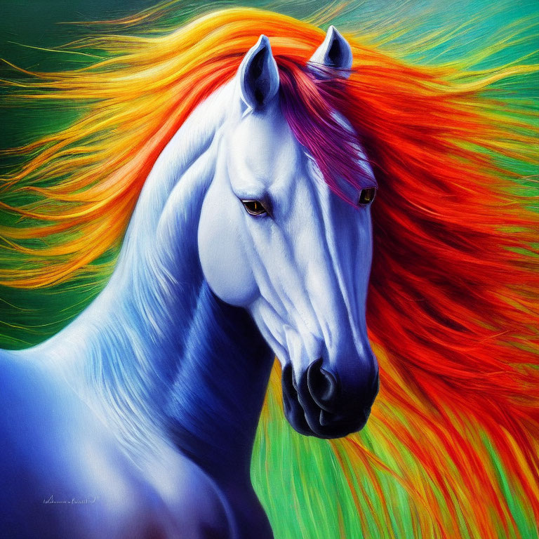 Vibrant oil painting of a blue horse with fiery mane in orange, yellow, and red