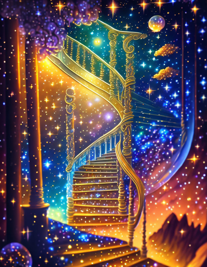 Whimsical spiral staircase under starry night sky