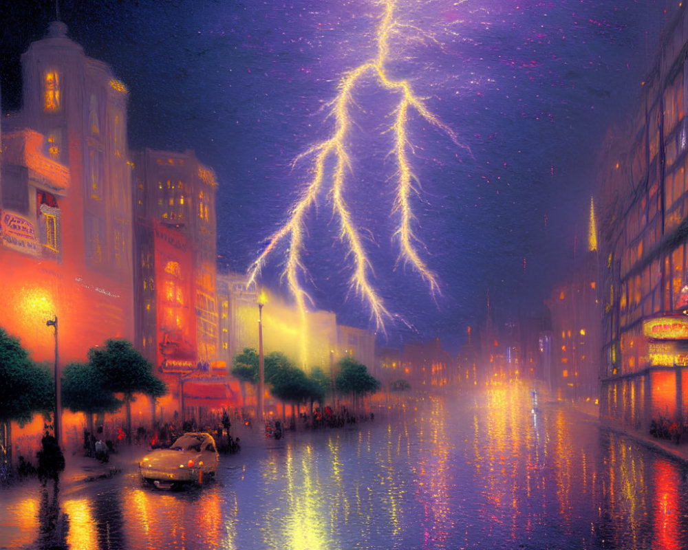 Rain-soaked city street at night with people, car, and purple lightning.