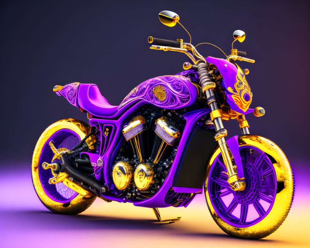 Custom Purple and Gold Motorcycle with Glowing Wheels on Gradient Background