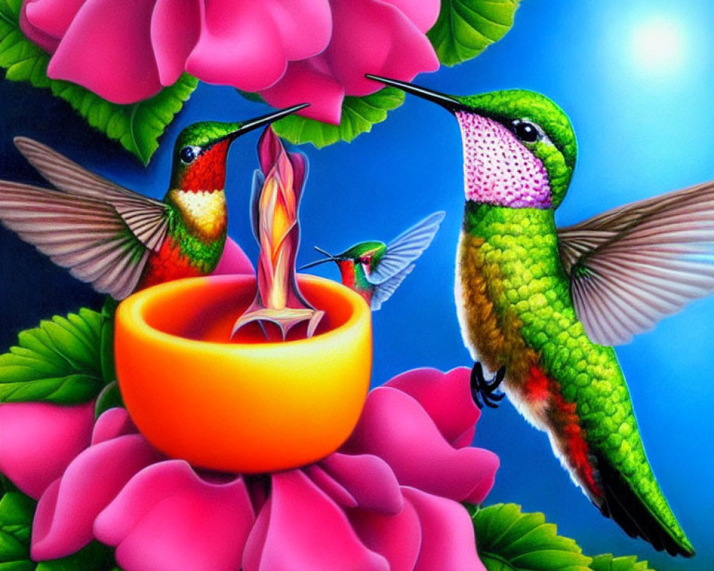 Vibrant hummingbirds and flower on colorful backdrop