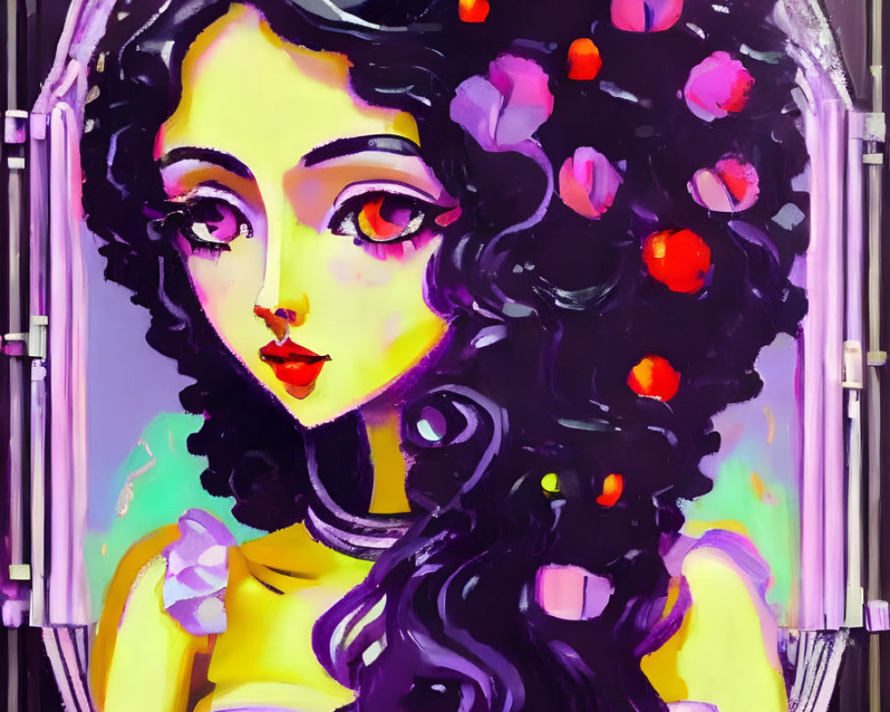 Colorful floral woman portrait with curly hair and yellow dress on purple background