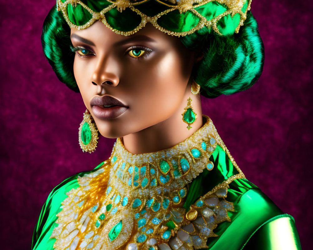 Person with dramatic makeup and green & gold crown on purple background