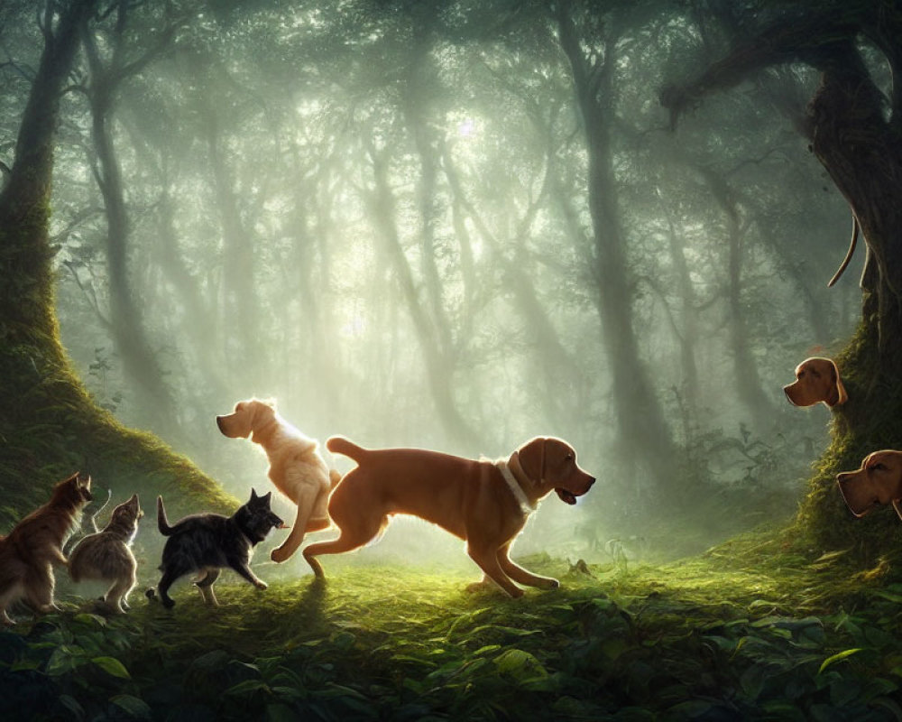 Cats and dogs playing in mystical forest with sunbeams