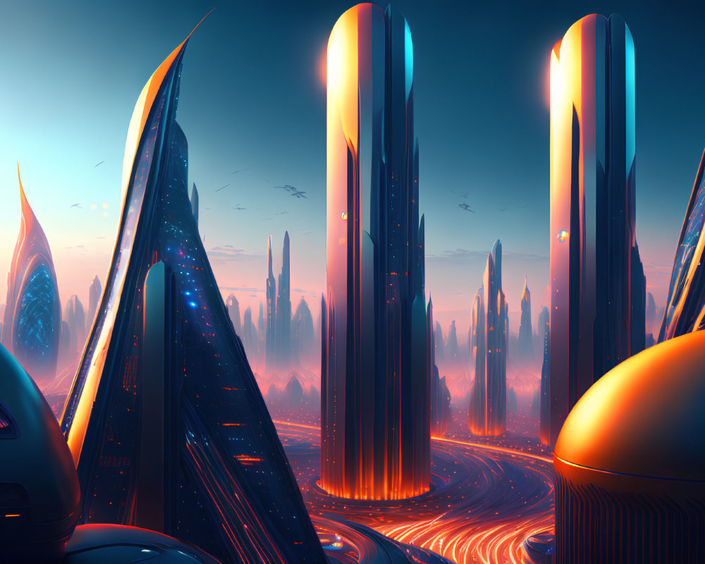 Futuristic cityscape at dusk with luminous towers and flowing traffic streams