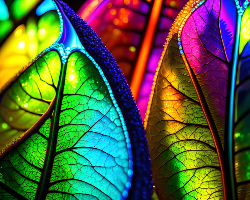 Vibrant translucent leaves with visible veins and water droplets in bokeh effect