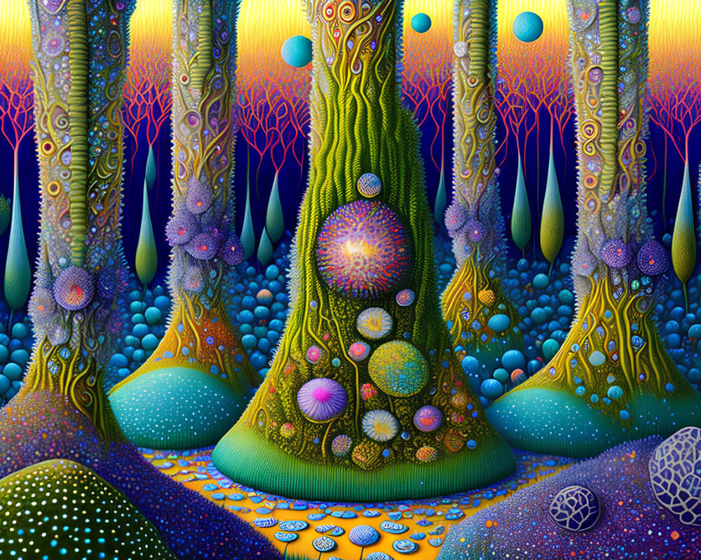 Detailed Psychedelic Forest with Vibrant Trees & Colorful Foliage