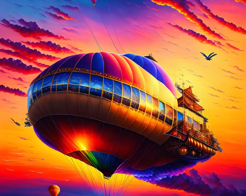 Colorful digital artwork: Hot air balloons, ship, water, sunset sky