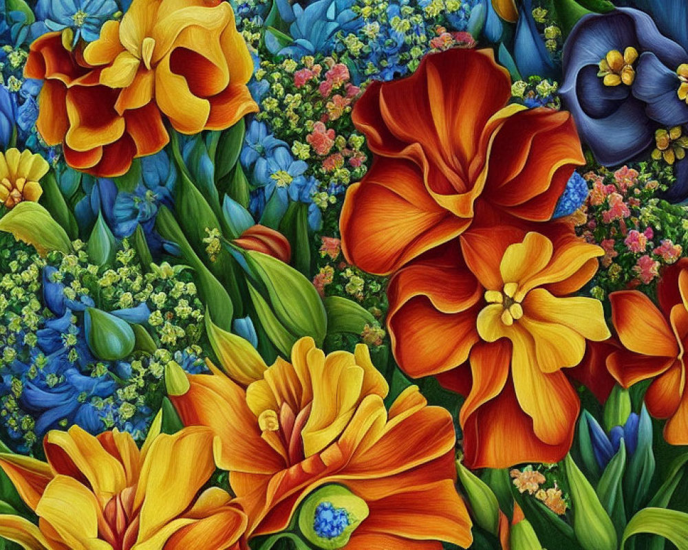 Colorful Close-Up Floral Arrangement with Orange, Yellow, and Blue Flowers