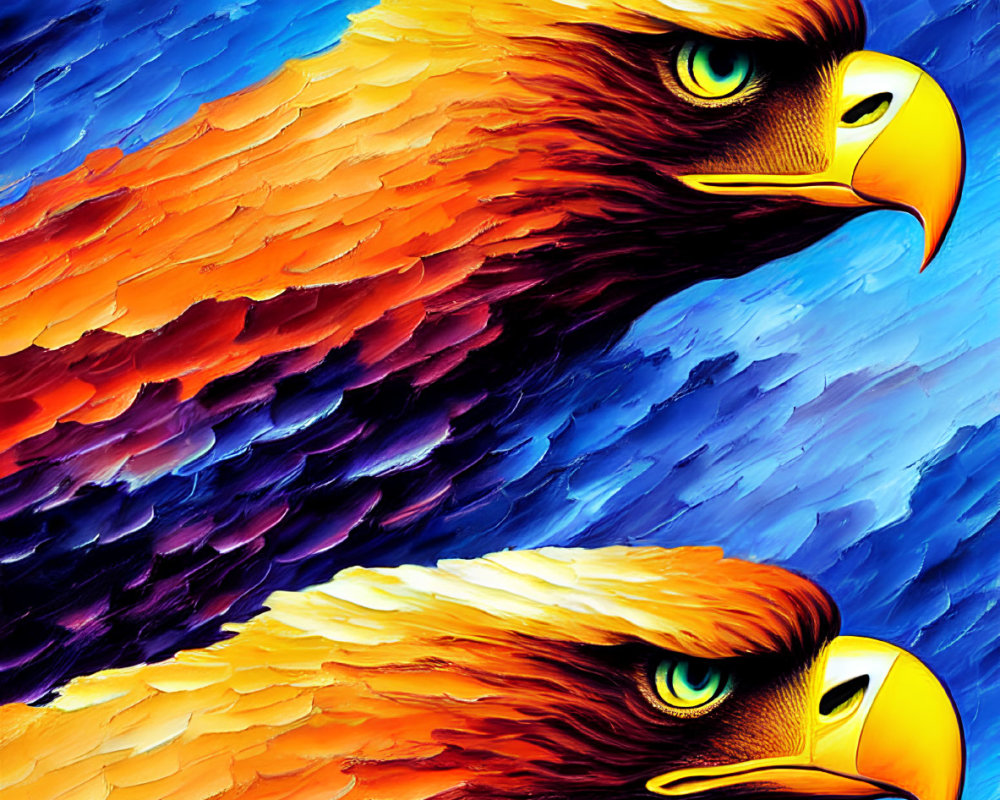 Two eagles in intense gaze on vibrant blue and orange background